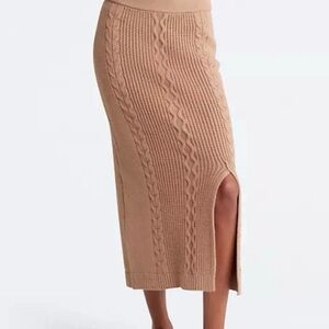 Calvin Klein Cable Knit Midi Skirt with Side Slit Tan Sz L NWT